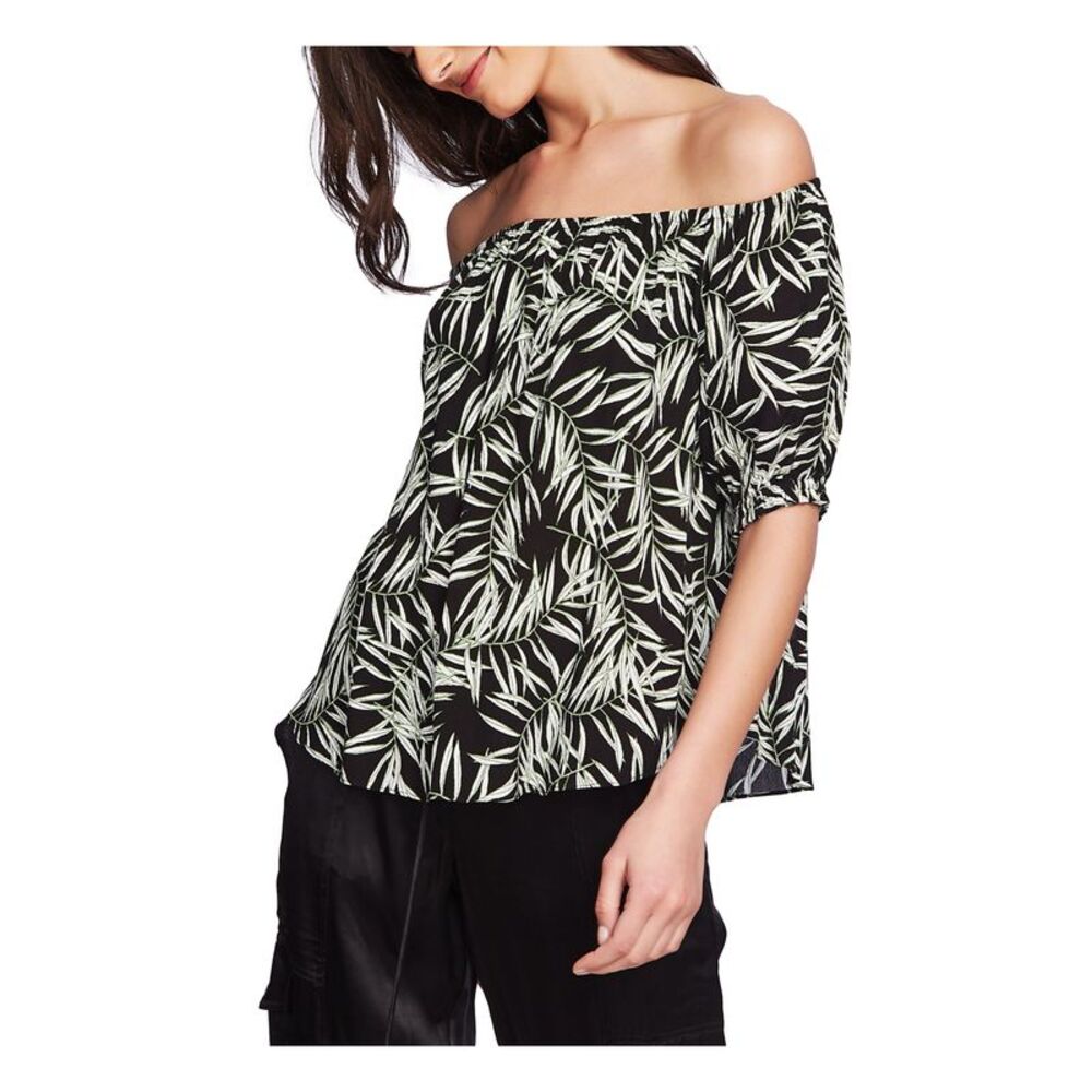 1. STATE Womens Black Printed Short Sleeve Off Shoulder Peasant Top Size: XS